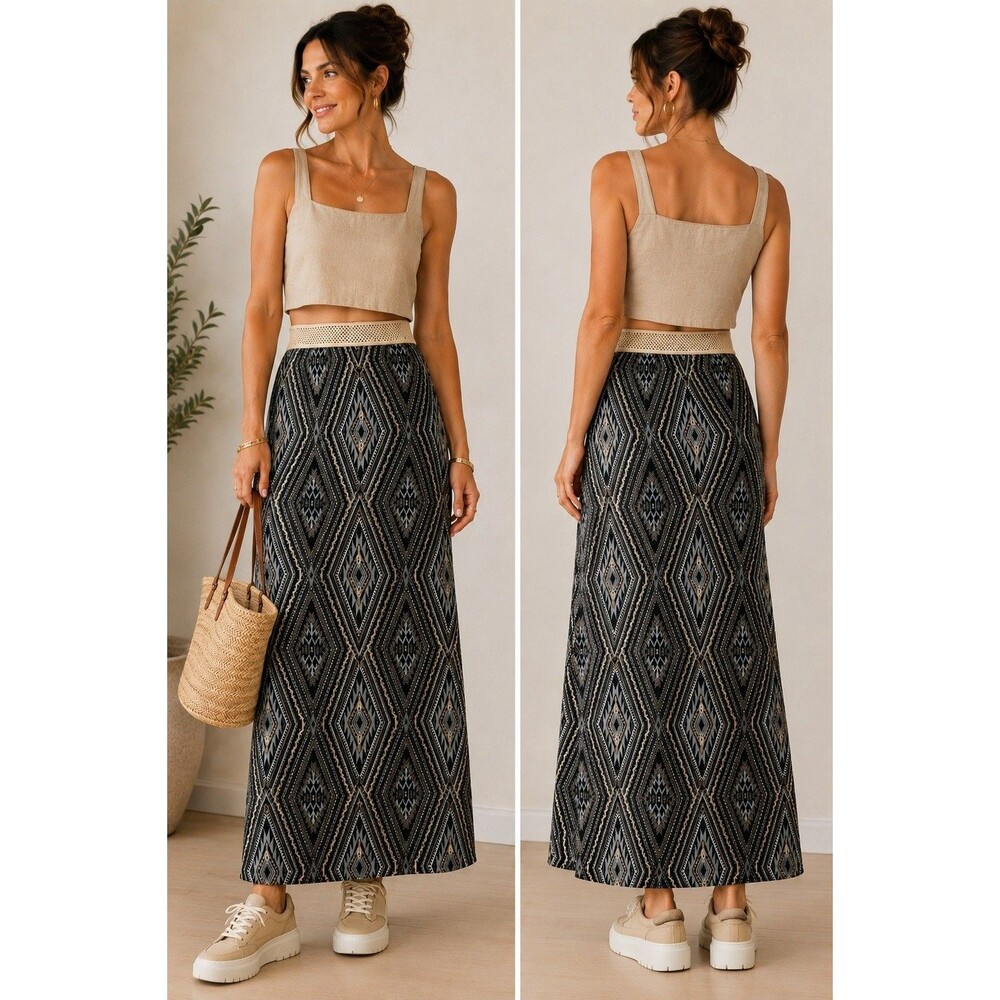 BOBBIE BROOKS Long/Maxi "Hippie" SKIRT Size L Black/Brown/White GEOMETRIC Design
